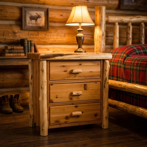 Sunshine Peak Cedar Log Three Drawer Chest staged beside a log bed with a table lamp in a cabin bedroom