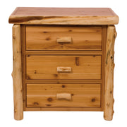 Front view of the Sunshine Peak Cedar Log Three Drawer Chest with three drawers and cedar log pulls