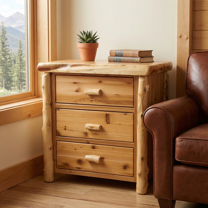 Sunshine Peak Cedar Log Three Drawer Chest in Natural beside a leather chair near a window with mountain views