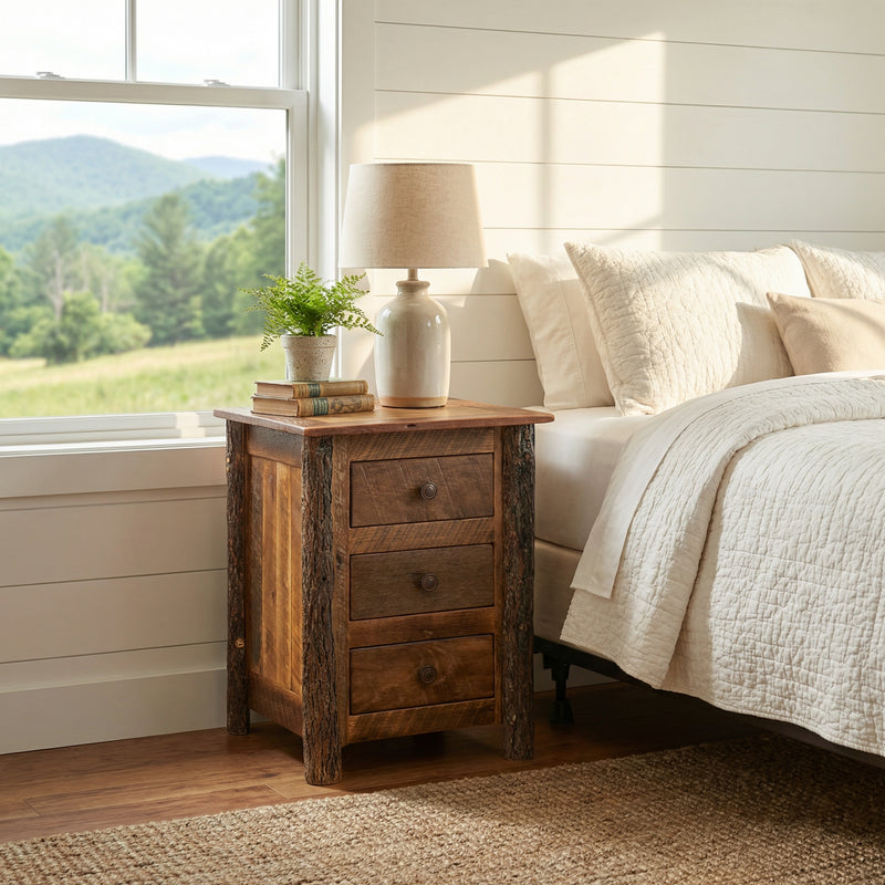 Tabeguache Peak Barnwood and Hickory Three Drawer Nightstand with a lamp beside a white bed near a window with mountain views