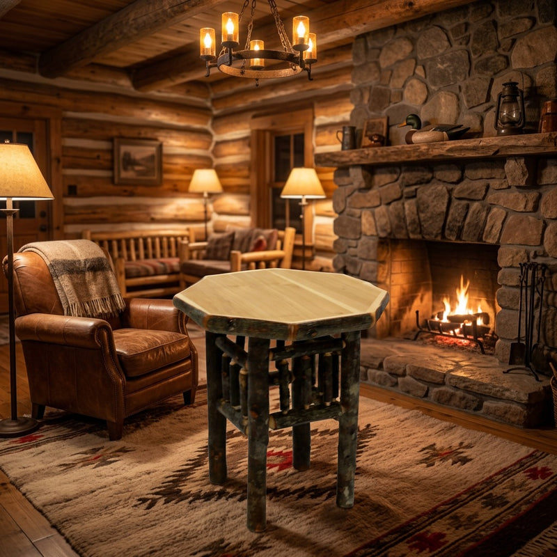 Tanima Peak hickory log octagon end table staged by a stone fireplace in a log cabin living room