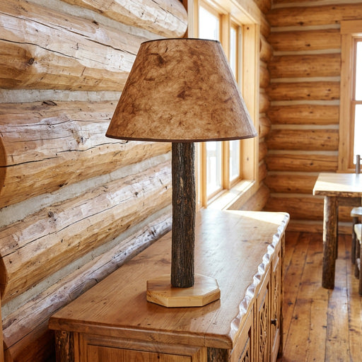Taylor Mountain Hickory Log Buffet Lamp staged in a sunlit log cabin dining room