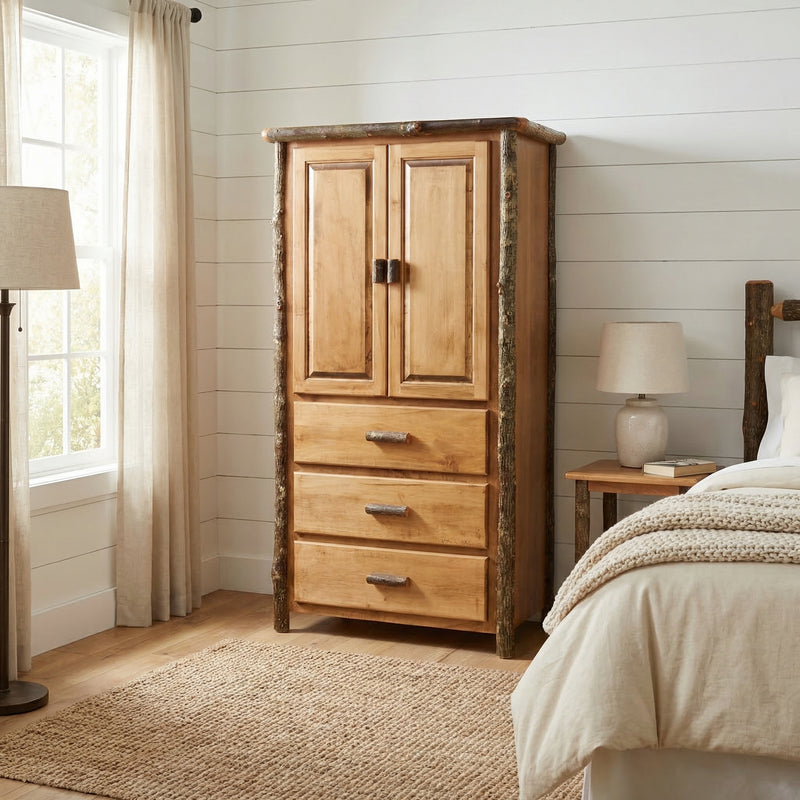 Taylor Peak Hickory Log Armoire in Natural beside a lamp and bed near a window in a white shiplap bedroom