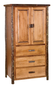 Front view of the Taylor Peak Hickory Log Armoire in Natural with two cabinet doors over three drawers