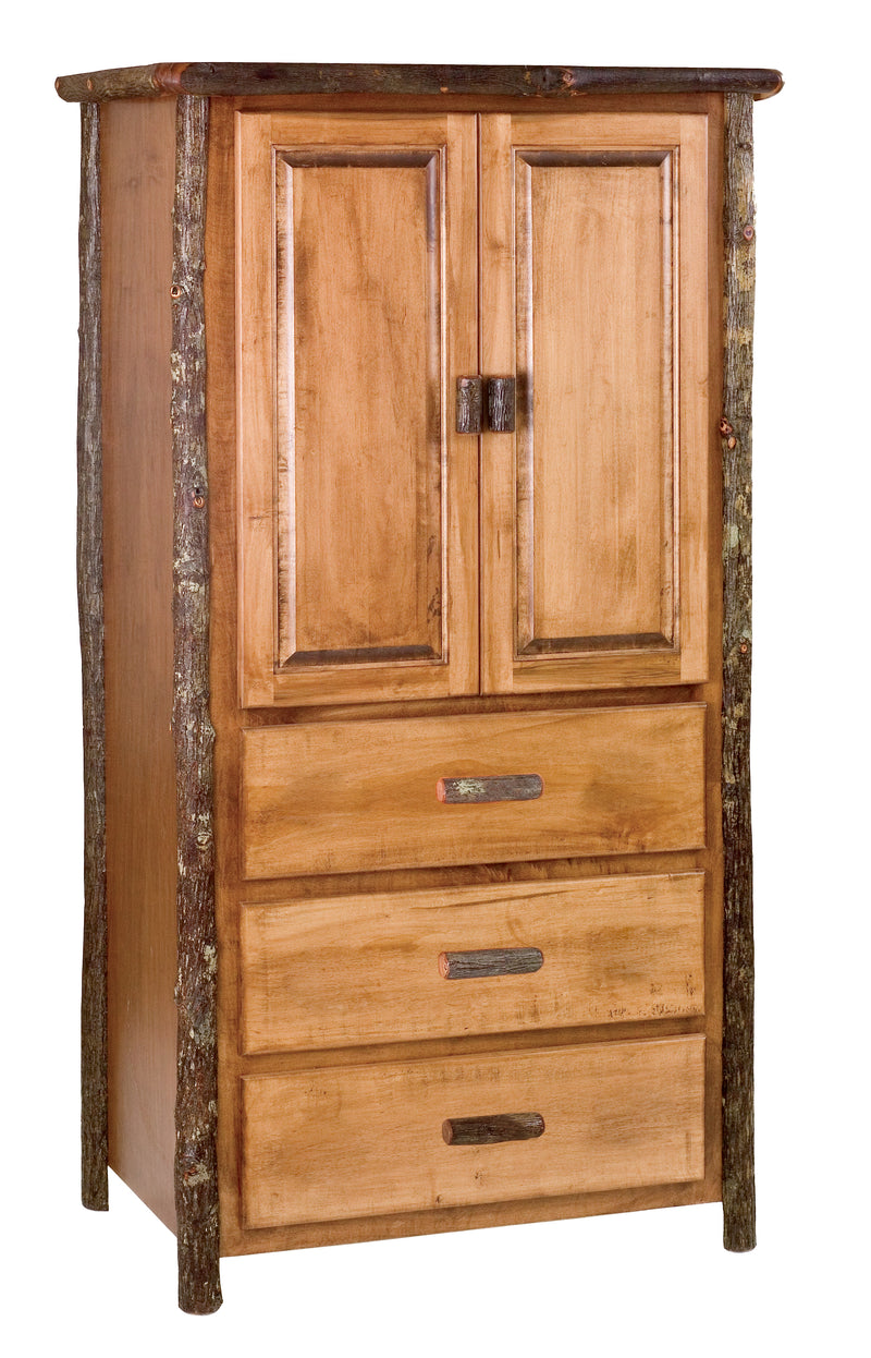 Front view of the Taylor Peak Hickory Log Armoire in Natural with two cabinet doors over three drawers