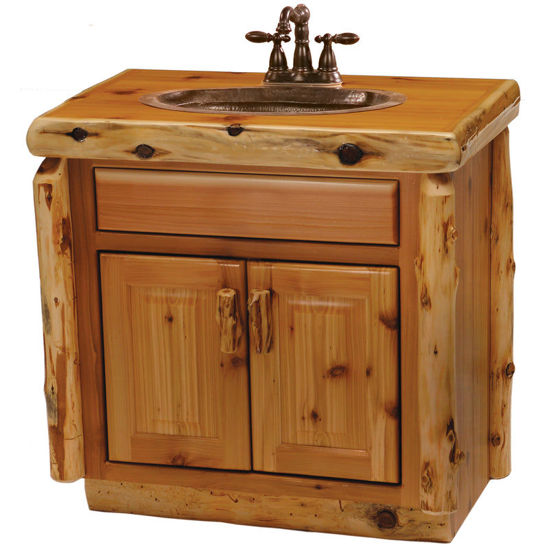 Angled view of the Teakettle Mountain Cedar Log Vanity with Slab Top