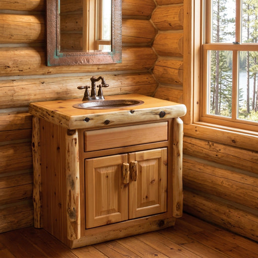 Teakettle Mountain Cedar Log Vanity with Slab Top staged in a sunlit log cabin bathroom