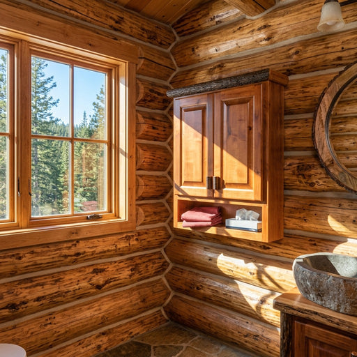 Teller Mountain Hickory Log Over the Toilet Cabinet staged in a sunlit log cabin bathroom