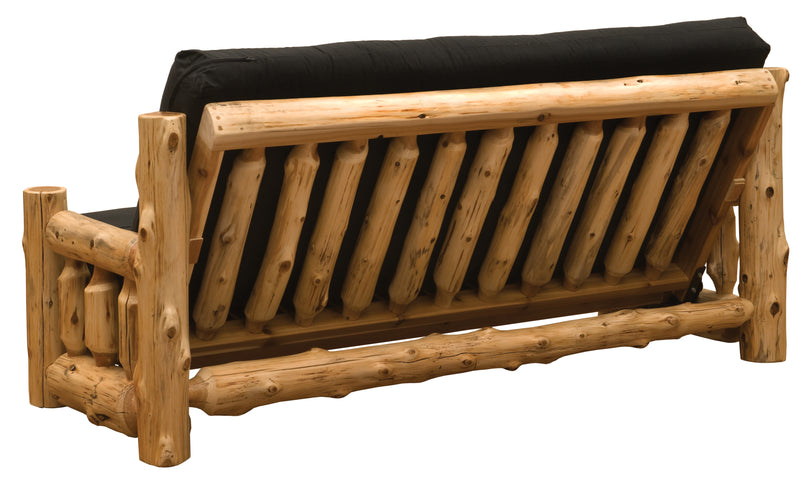 Back view of the Tenmile Peak Cedar Log Futon showing the cedar log back slats