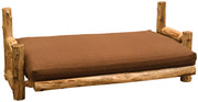 Tenmile Peak Cedar Log Futon folded flat into the full-size bed position with an optional cover