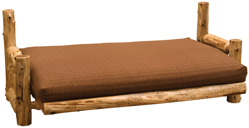 Tenmile Peak Cedar Log Futon folded flat into the full-size bed position with an optional cover