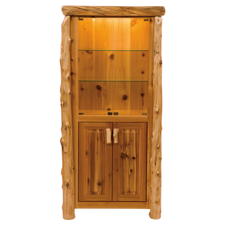 Angled view of the Tepee Mountain Cedar Log Lighted Display Cabinet