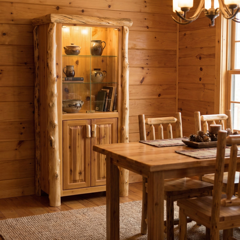 Tepee Mountain Cedar Log Lighted Display Cabinet in a rustic cabin dining room