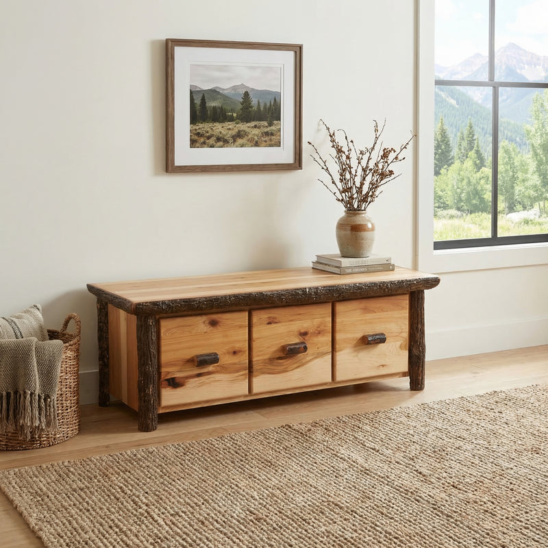 Terra Tomah Mountain Hickory Log Three Drawer Entry Bench in Natural below a landscape print in a bright entryway