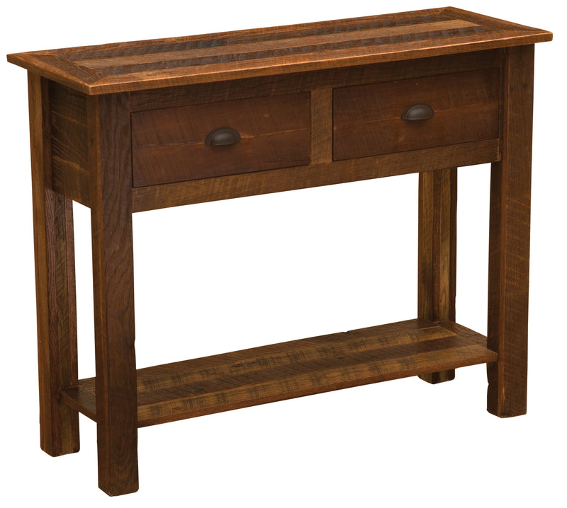Angled view of the Thatchtop Mountain Reclaimed Barnwood Two Drawer Sofa Table showing two drawers and the lower shelf