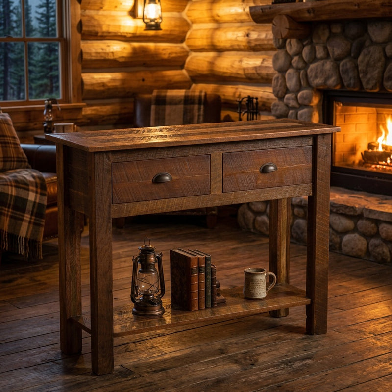 Thatchtop Mountain reclaimed barnwood two drawer sofa table staged by a stone fireplace in a log cabin living room