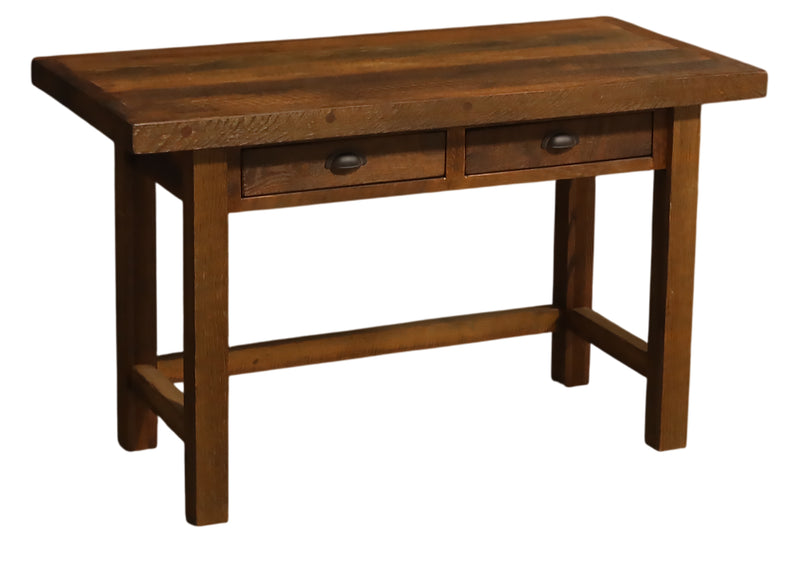 Angled view of the Thirsty Peak Reclaimed Barnwood Two Drawer Writing Desk