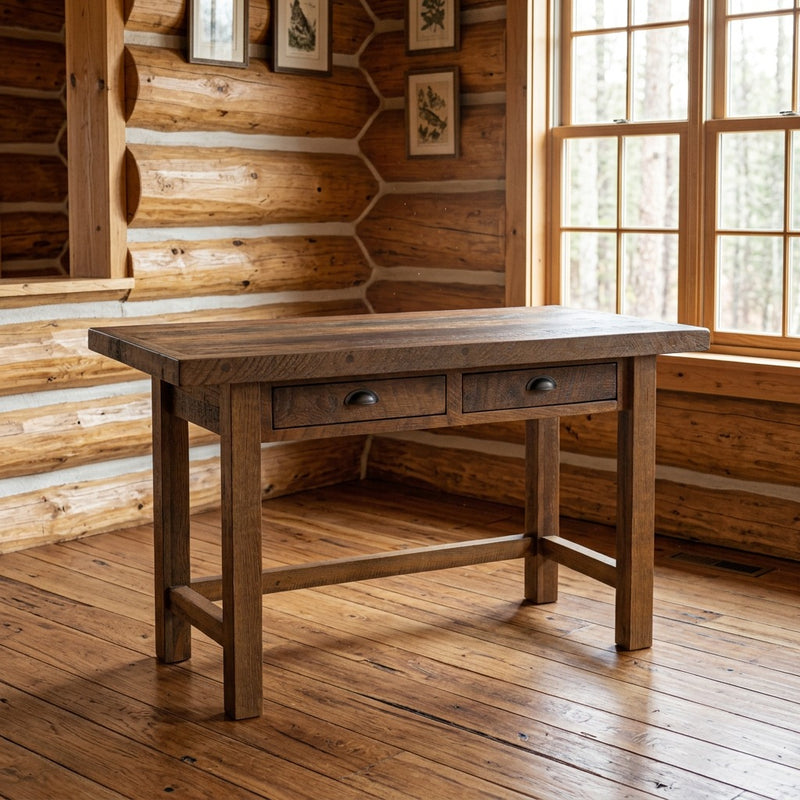 Thirsty Peak Reclaimed Barnwood Two Drawer Writing Desk staged in a sunlit log cabin home office