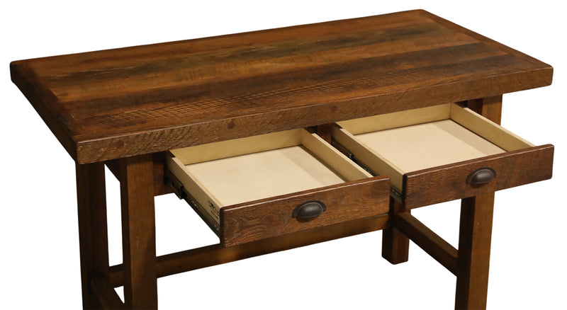 Close-up of the reclaimed oak on the Thirsty Peak Reclaimed Barnwood Two Drawer Writing Desk