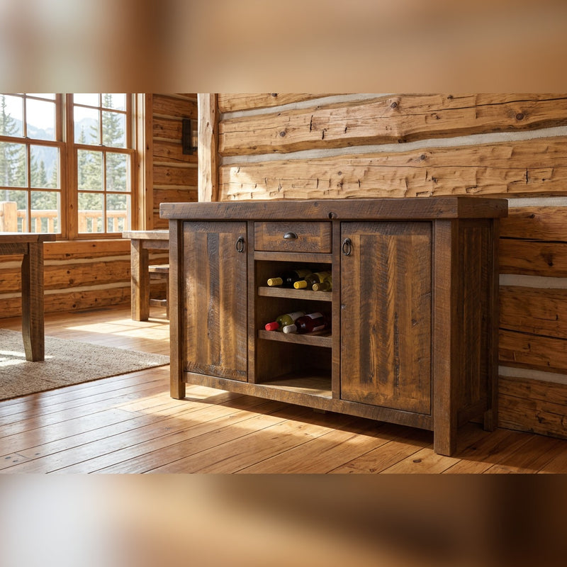 Thorodin Mountain Reclaimed Barnwood Wine Rack Sideboard staged in a sunlit log cabin dining room