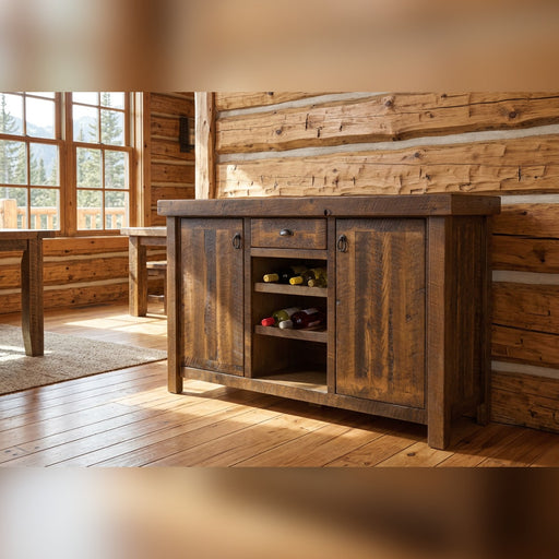 Thorodin Mountain Reclaimed Barnwood Wine Rack Sideboard staged in a sunlit log cabin dining room