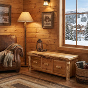 Thunder Butte Cedar Log Entry Bench with Drawers in a rustic cabin living room