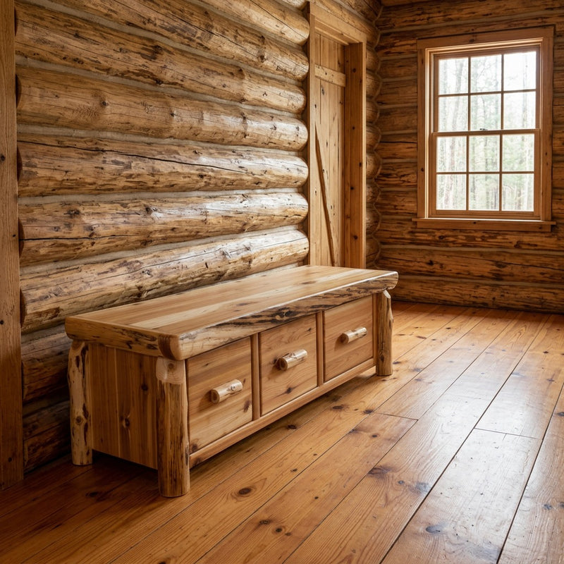 Thunder Butte Cedar Log Entry Bench with Drawers staged in a sunlit log cabin entryway