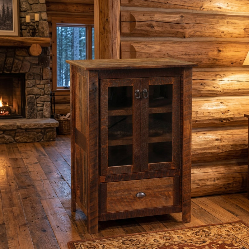 Thunder Mountain Reclaimed Barnwood Media Cabinet in a log cabin living room