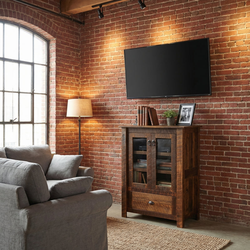 Thunder Mountain Reclaimed Barnwood Media Cabinet holding a TV in a bright living room