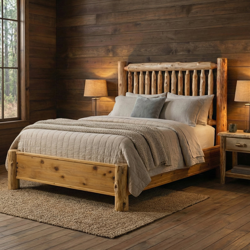 Tijeras Peak Cedar Log Spindle Bed with Rail System with layered bedding in a cozy bedroom