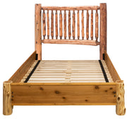 Front view of the Tijeras Peak Cedar Log Spindle Bed with Rail System