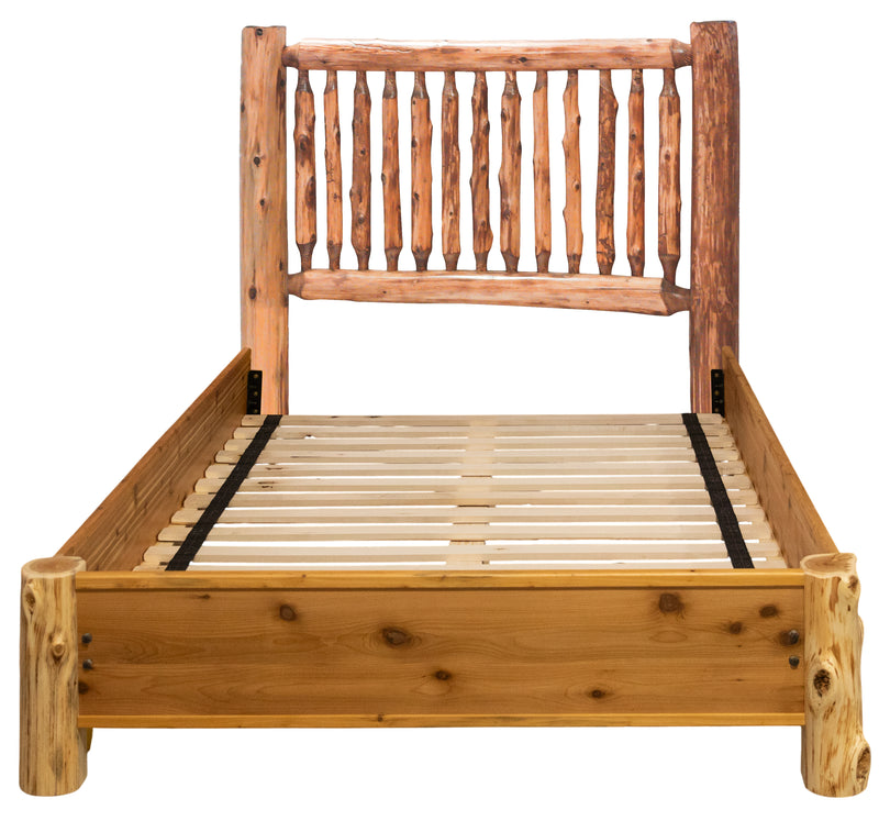 Front view of the Tijeras Peak Cedar Log Spindle Bed with Rail System