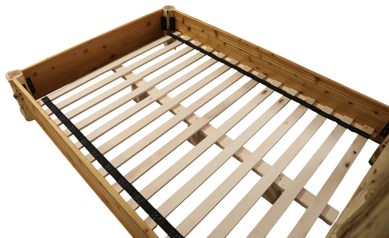 Bed rail and slat detail of the Tijeras Peak Cedar Log Spindle Bed with Rail System