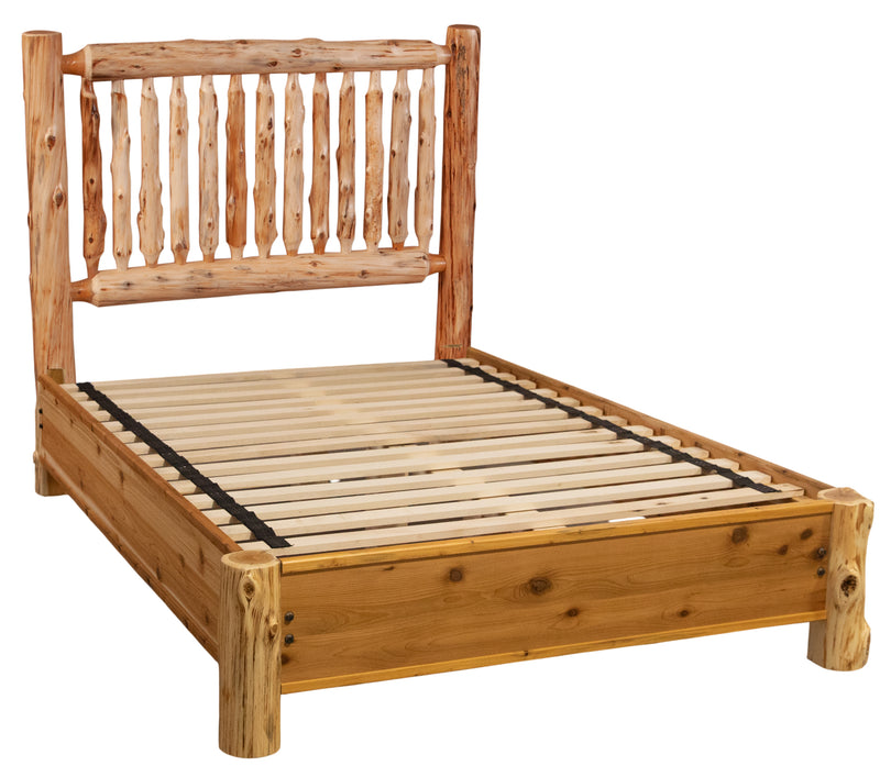 Second angled view of the Tijeras Peak Cedar Log Spindle Bed with Rail System showing the rail system and slats