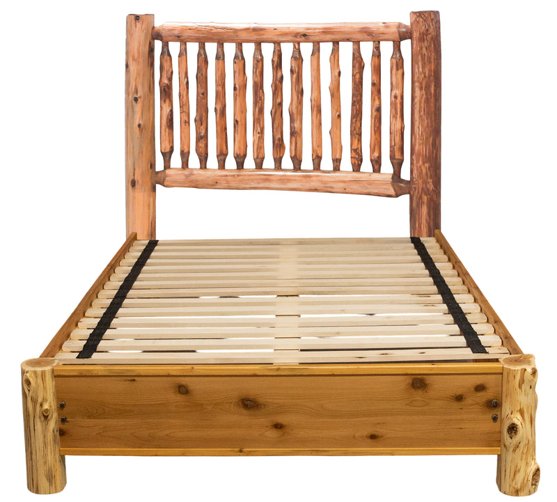 Second front view of the Tijeras Peak Cedar Log Spindle Bed with Rail System