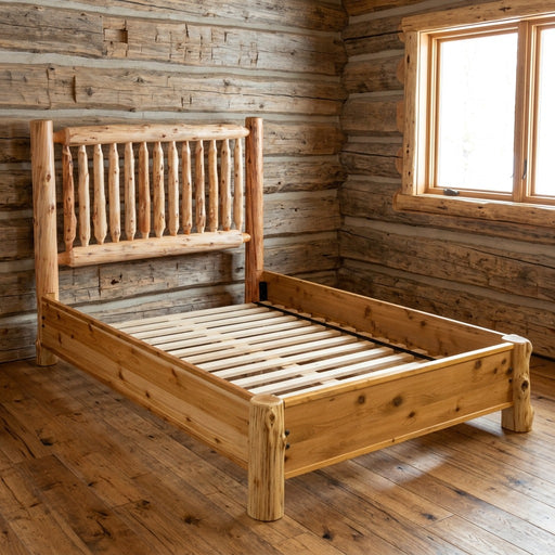 Tijeras Peak Cedar Log Spindle Bed with Rail System staged in a sunlit log cabin bedroom