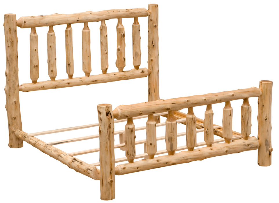 Interior frame view of the Timber Ridge Log Spindle Bed showing center support and slat system