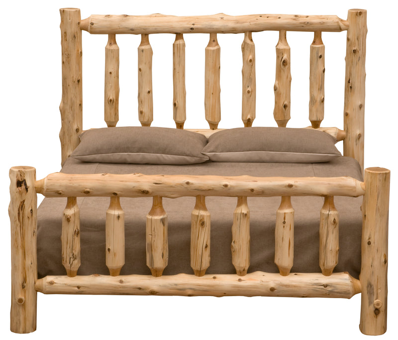 Front view of the Timber Ridge Log Spindle Bed with classic log spindle headboard
