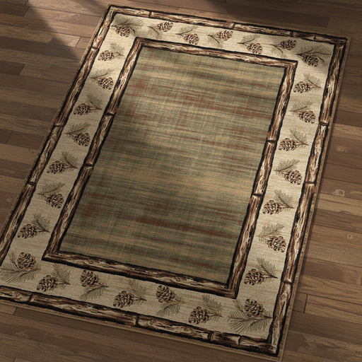 Rug with natural border featuring pinecones and branches on a beige background