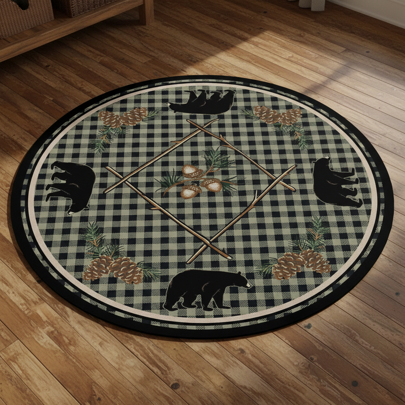A circular rustic-themed rug or mat featuring a black and gray buffalo plaid background with black bear silhouettes, pinecones, acorns, and crossed wooden poles arranged symmetrically.