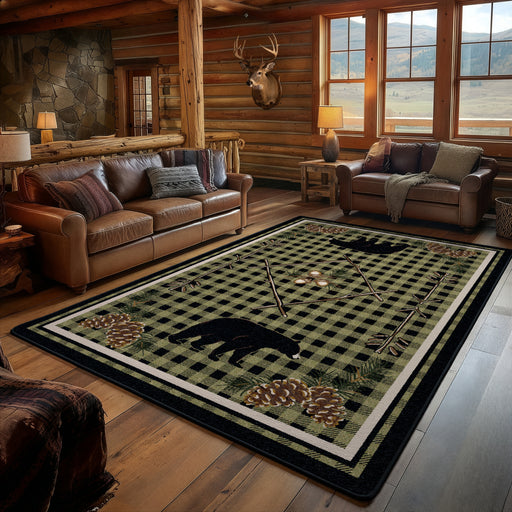 A large rectangular area rug with a green and black buffalo plaid pattern, featuring black bear silhouettes, pinecones, and rustic outdoor motifs, displayed in a cozy log cabin living room.