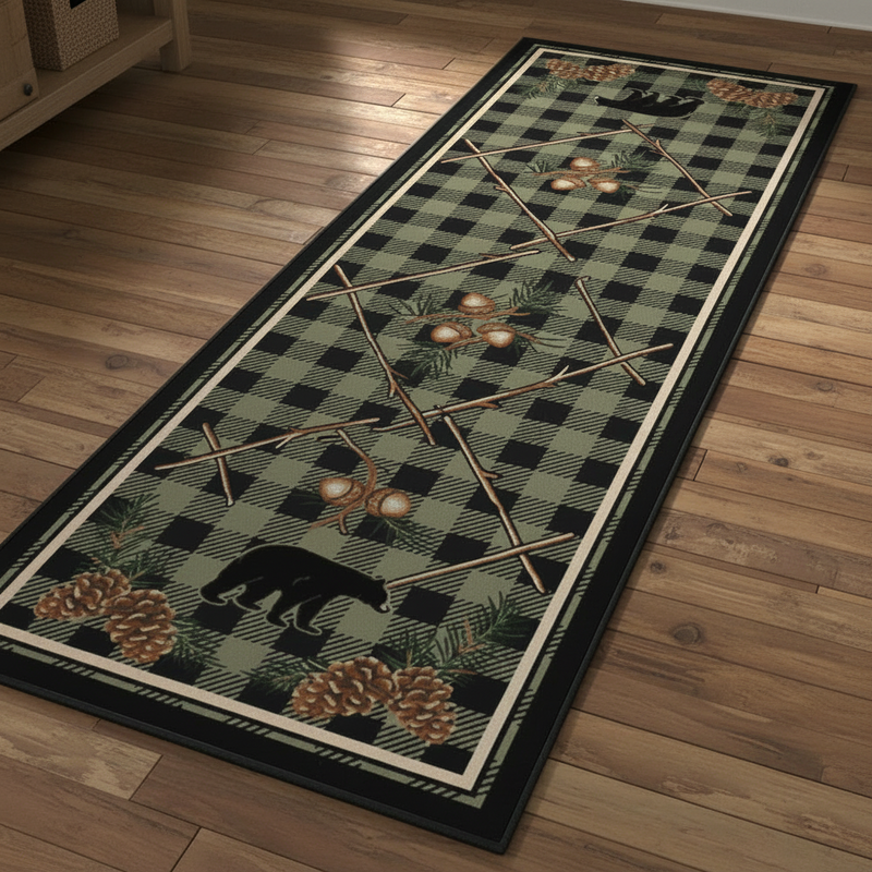 A vertical needlepoint canvas featuring a black and olive green buffalo plaid background with a central diamond lattice design. The design includes pine branches with brown pinecones, brown bear silhouettes at the top and bottom, and small brown animal motifs throughout.