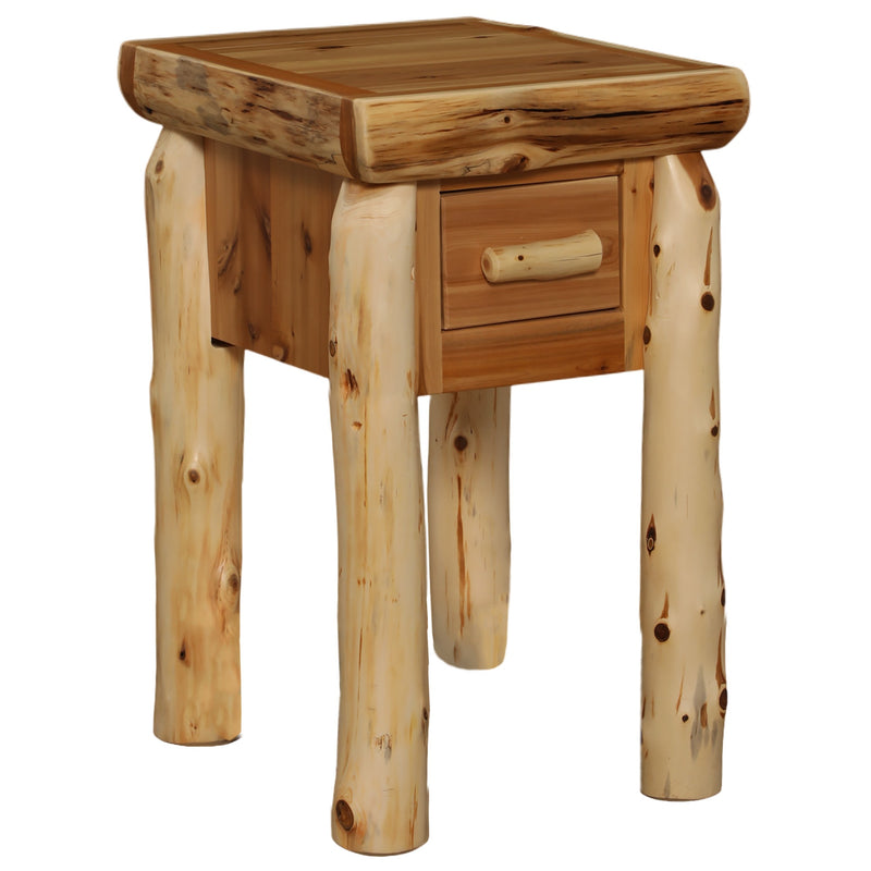 Angled view of the Tomichi Dome Cedar Log One Drawer Nightstand