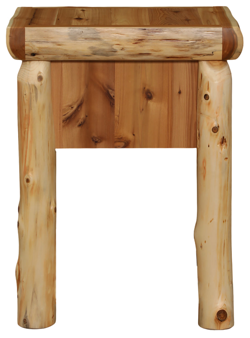 Back view of the Tomichi Dome Cedar Log One Drawer Nightstand