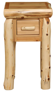 Front view of the Tomichi Dome Cedar Log One Drawer Nightstand