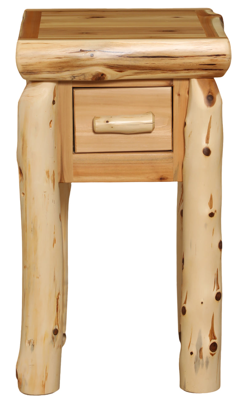 Front view of the Tomichi Dome Cedar Log One Drawer Nightstand