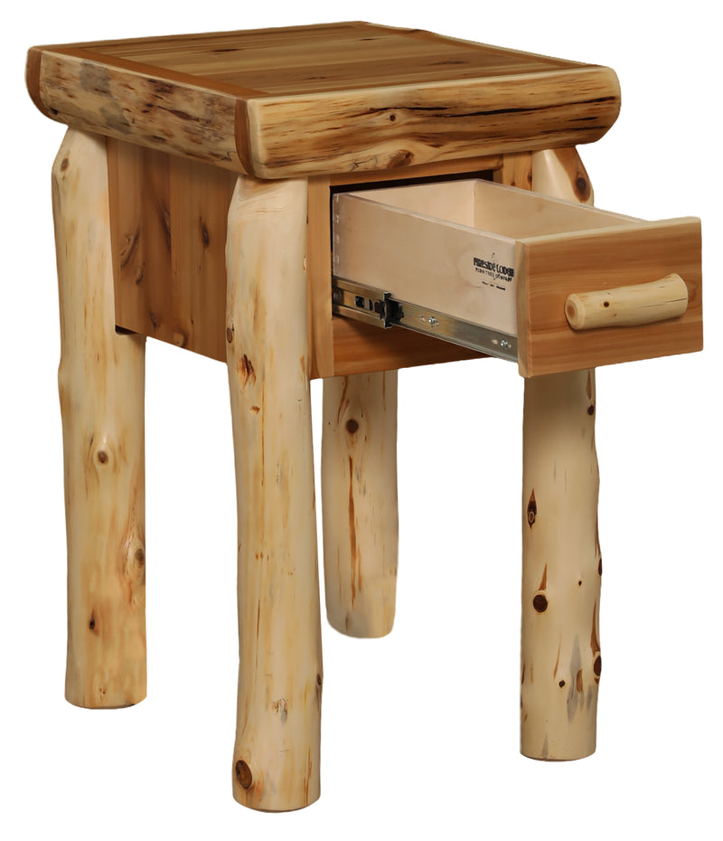 Tomichi Dome Cedar Log One Drawer Nightstand with the drawer open