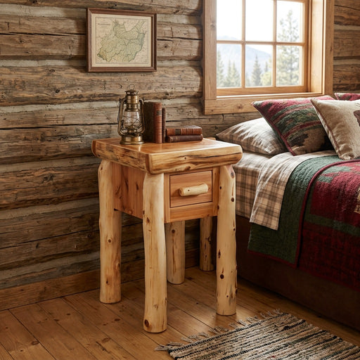 Tomichi Dome Cedar Log One Drawer Nightstand staged in a sunlit log cabin bedroom