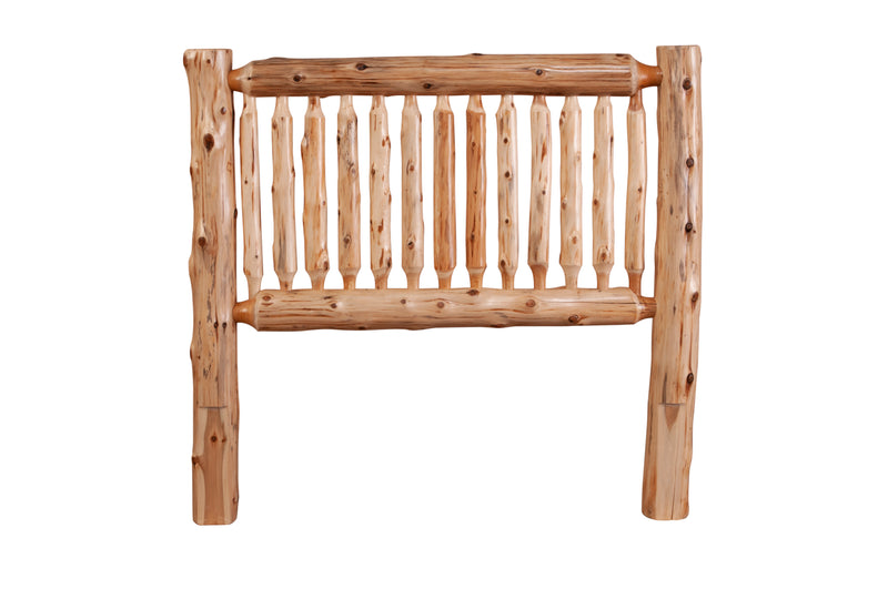 Front view of the Torreys Peak Cedar Log Spindle Headboard showing the row of small hand-peeled cedar spindles and log posts