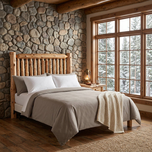 Torreys Peak Cedar Log Spindle Headboard in a mountain lodge bedroom with a fieldstone wall and windows overlooking snowy pines